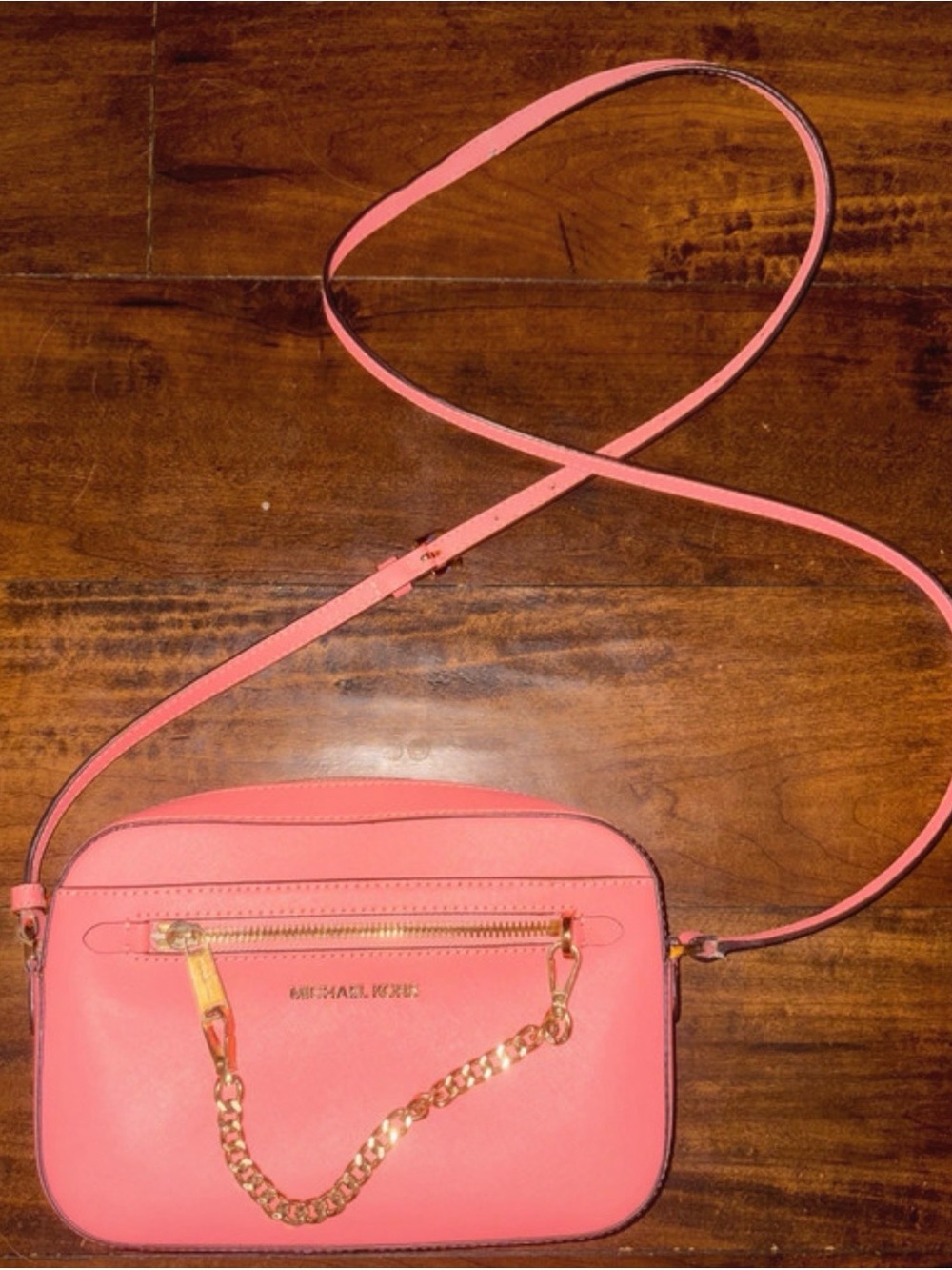 Michael Kors Coral Pink Leather Crossbody with Gold Chain